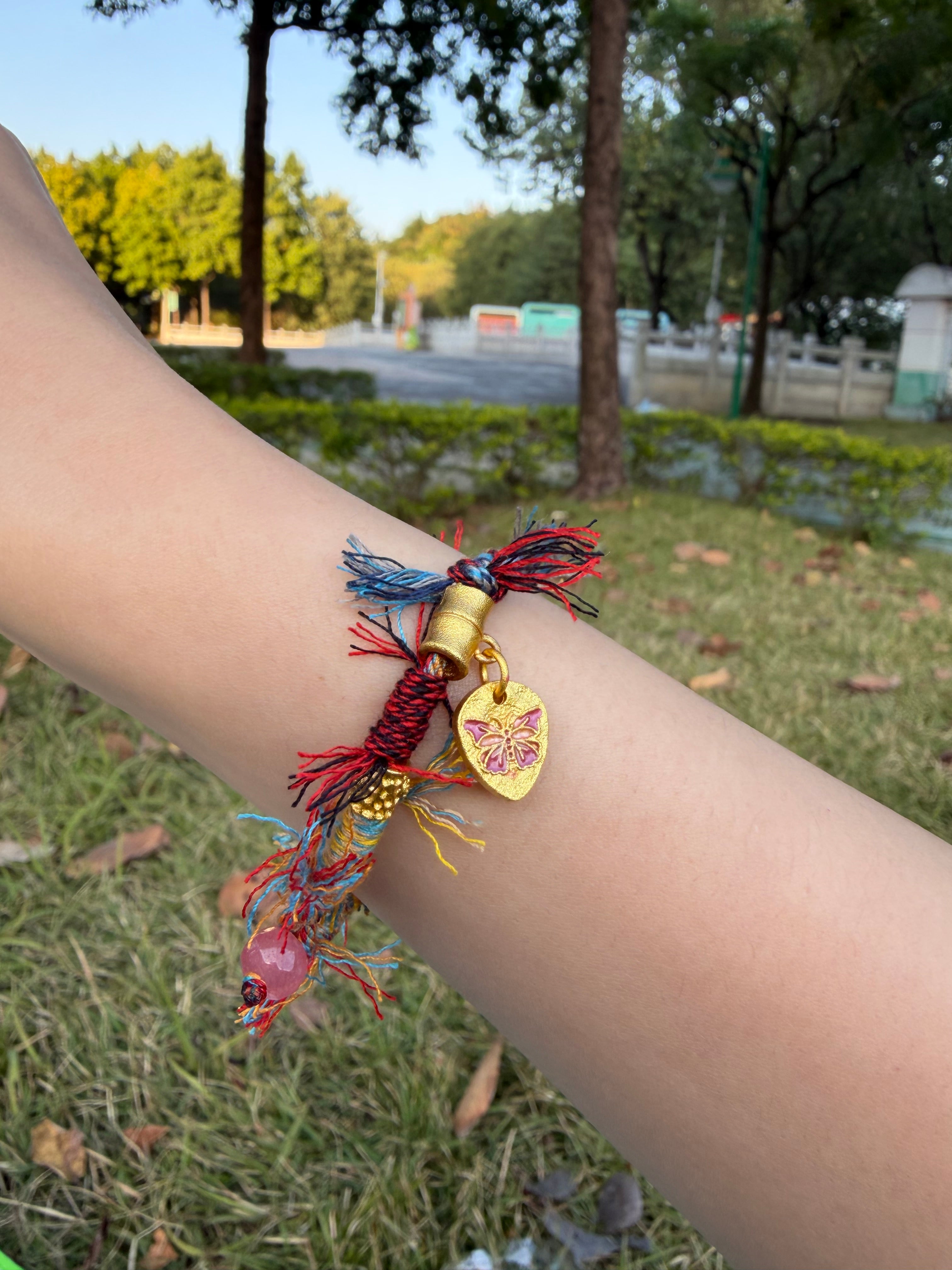 Vintage Natural Stone Rope Bracelet with Gold Butterfly Charm - Colorful Woven Bracelet