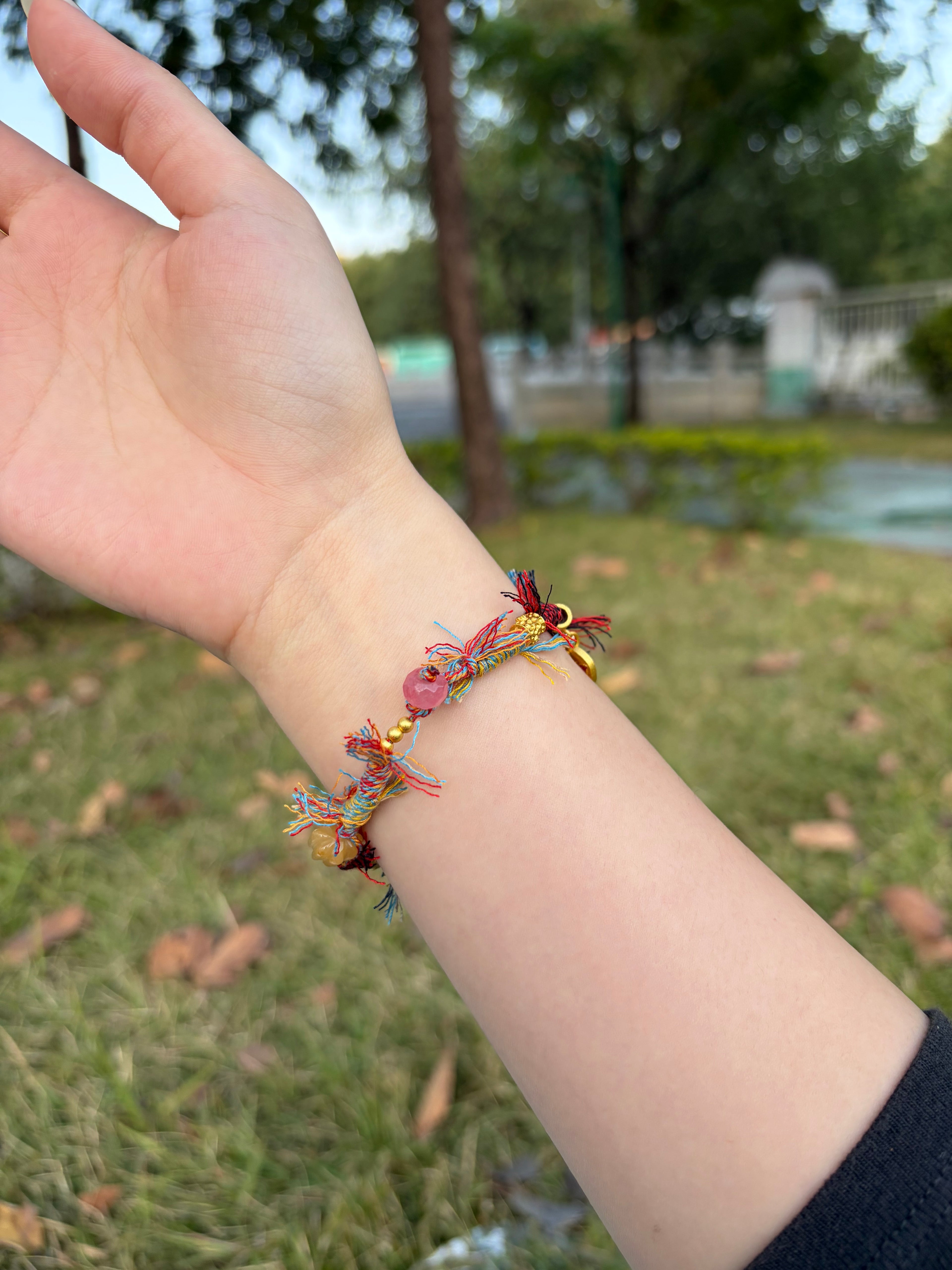 Vintage Natural Stone Rope Bracelet with Gold Butterfly Charm - Colorful Woven Bracelet