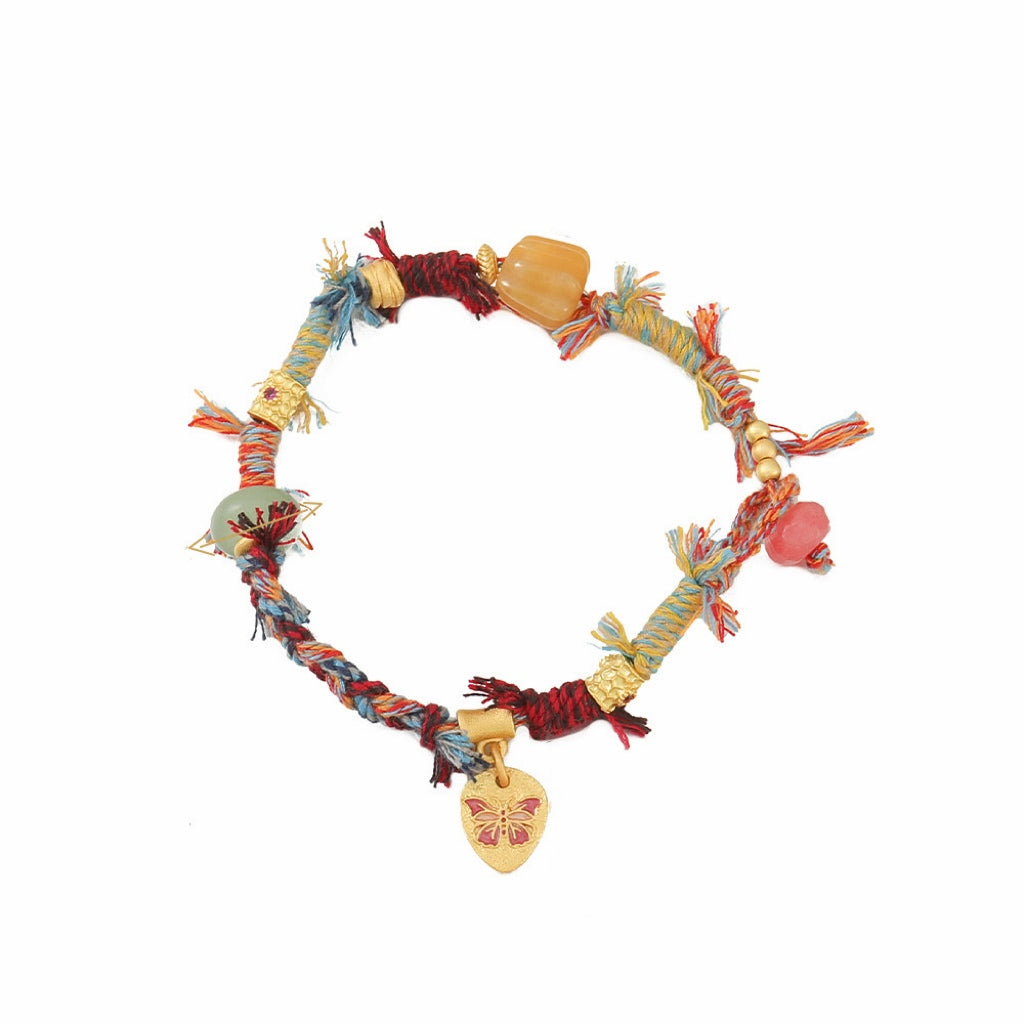 Vintage Natural Stone Rope Bracelet with Gold Butterfly Charm - Colorful Woven Bracelet