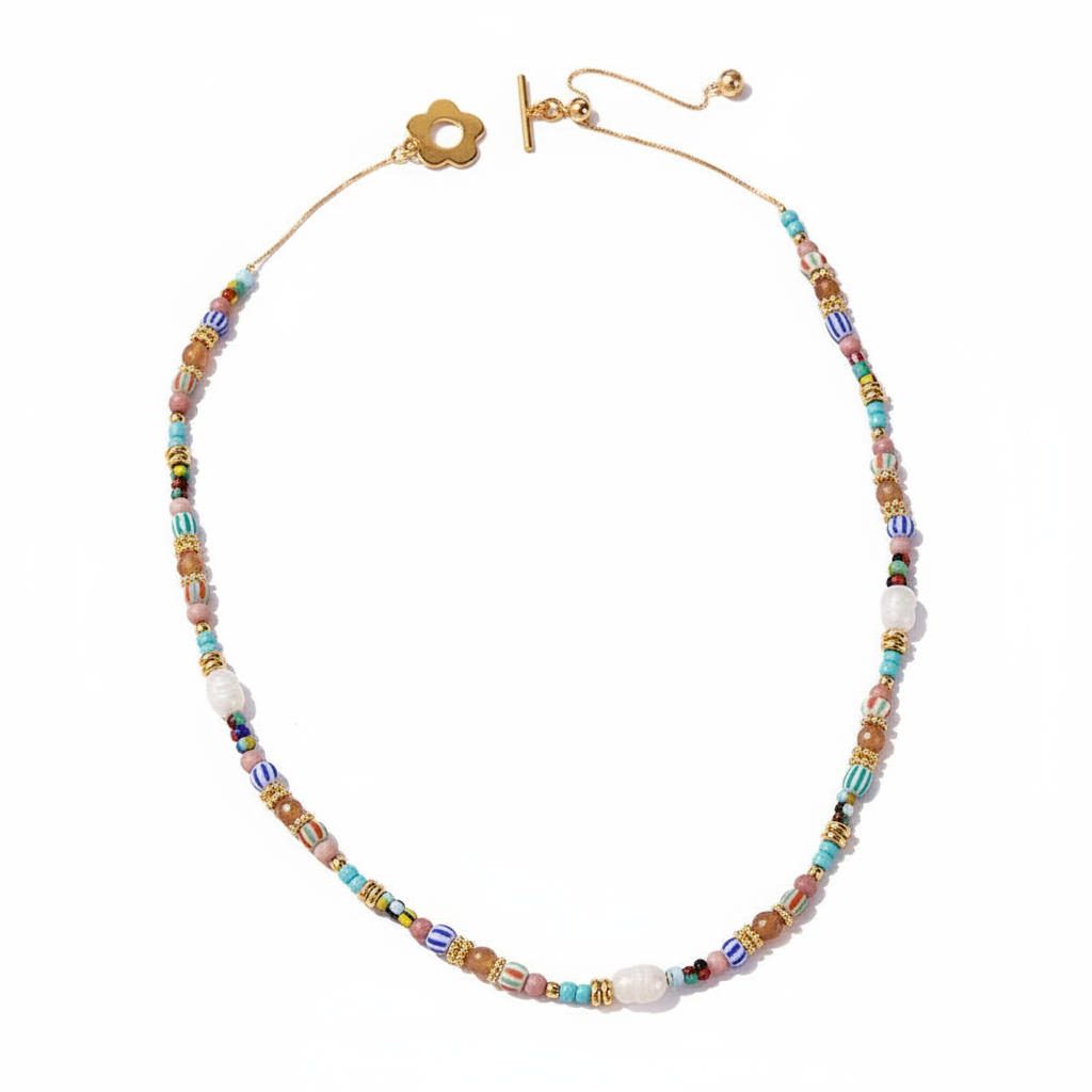 Colorful Natural Stone Beaded Necklace with Freshwater Pearls - Bohemian Choker