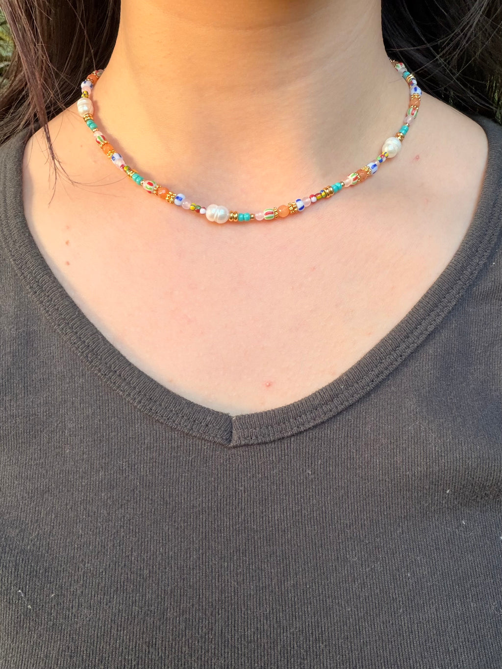Colorful Natural Stone Beaded Necklace with Freshwater Pearls - Bohemian Choker