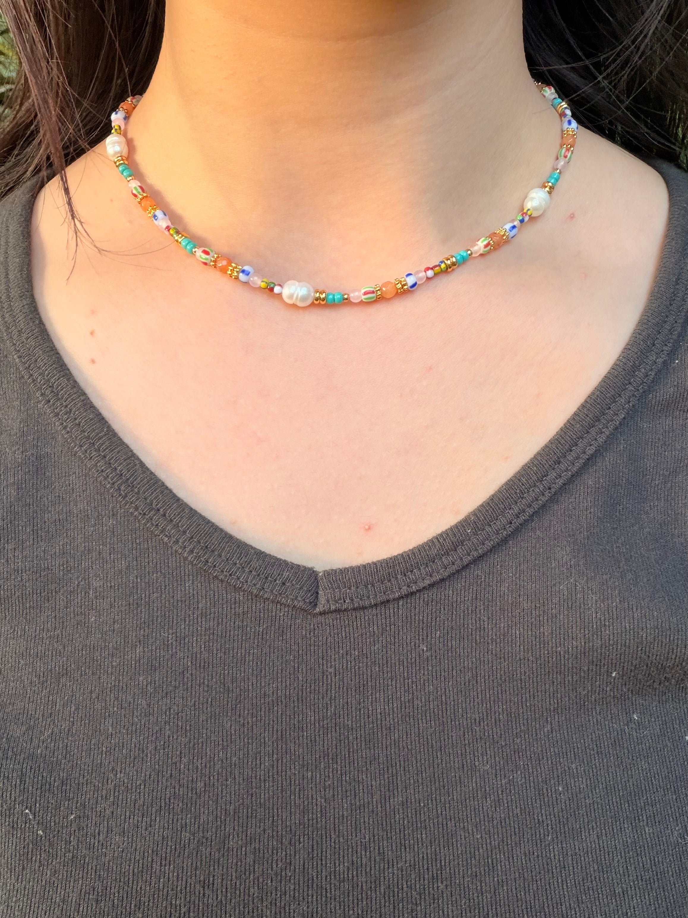 Colorful Natural Stone Beaded Necklace with Freshwater Pearls - Bohemian Choker