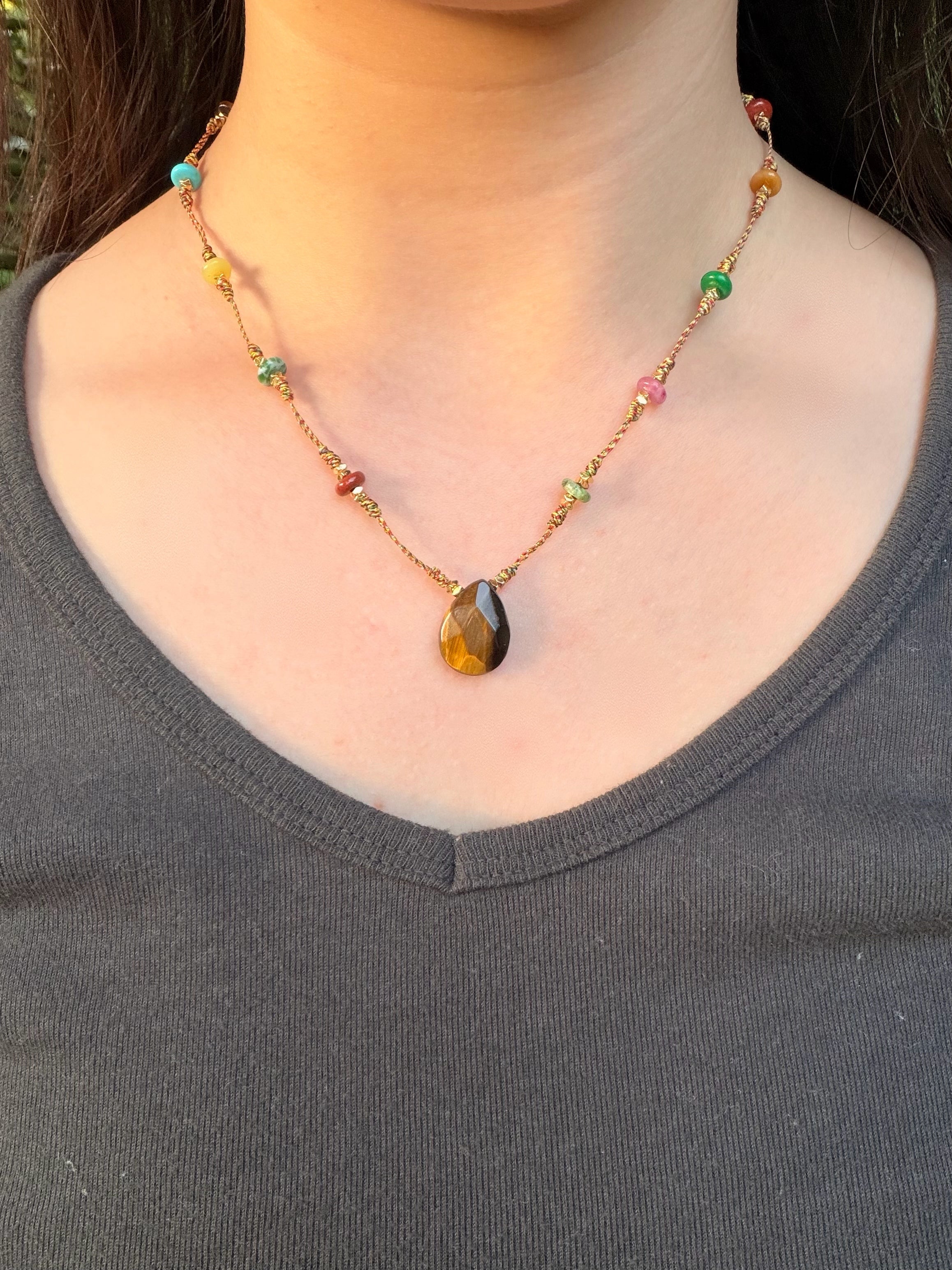 Natural Stone Necklace with Amber Teardrop Pendant - Vintage Colorful Gemstone