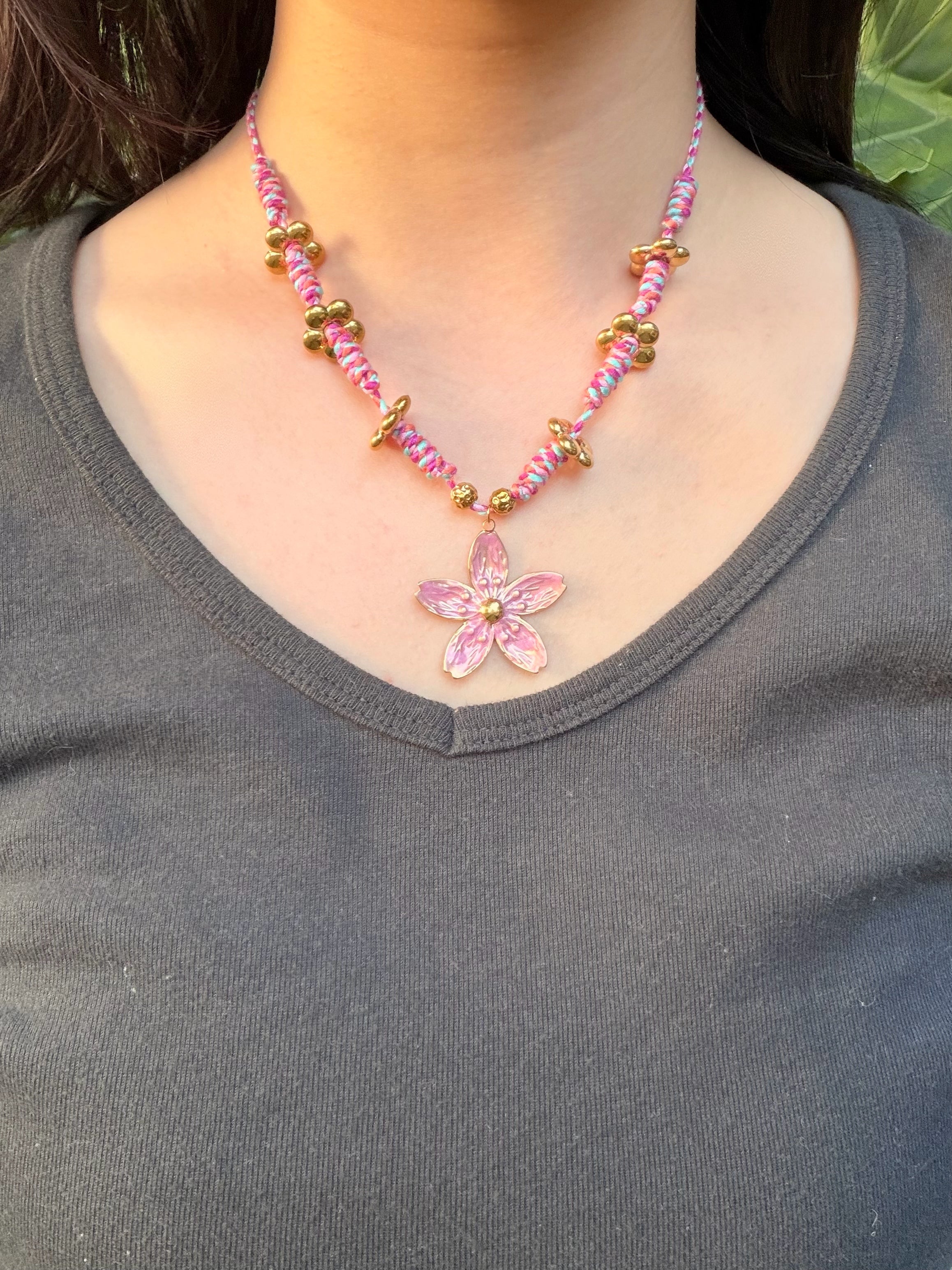 Pink Flower Pendant Necklace - Vacation Style Beaded Choker
