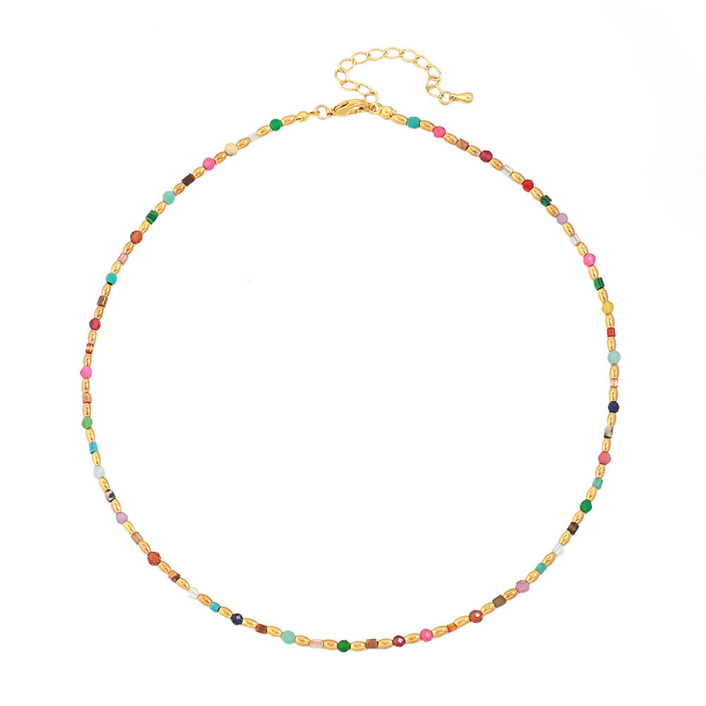 Colorful Natural Stone Beaded Choker - Vintage Rainbow Gemstone Necklace
