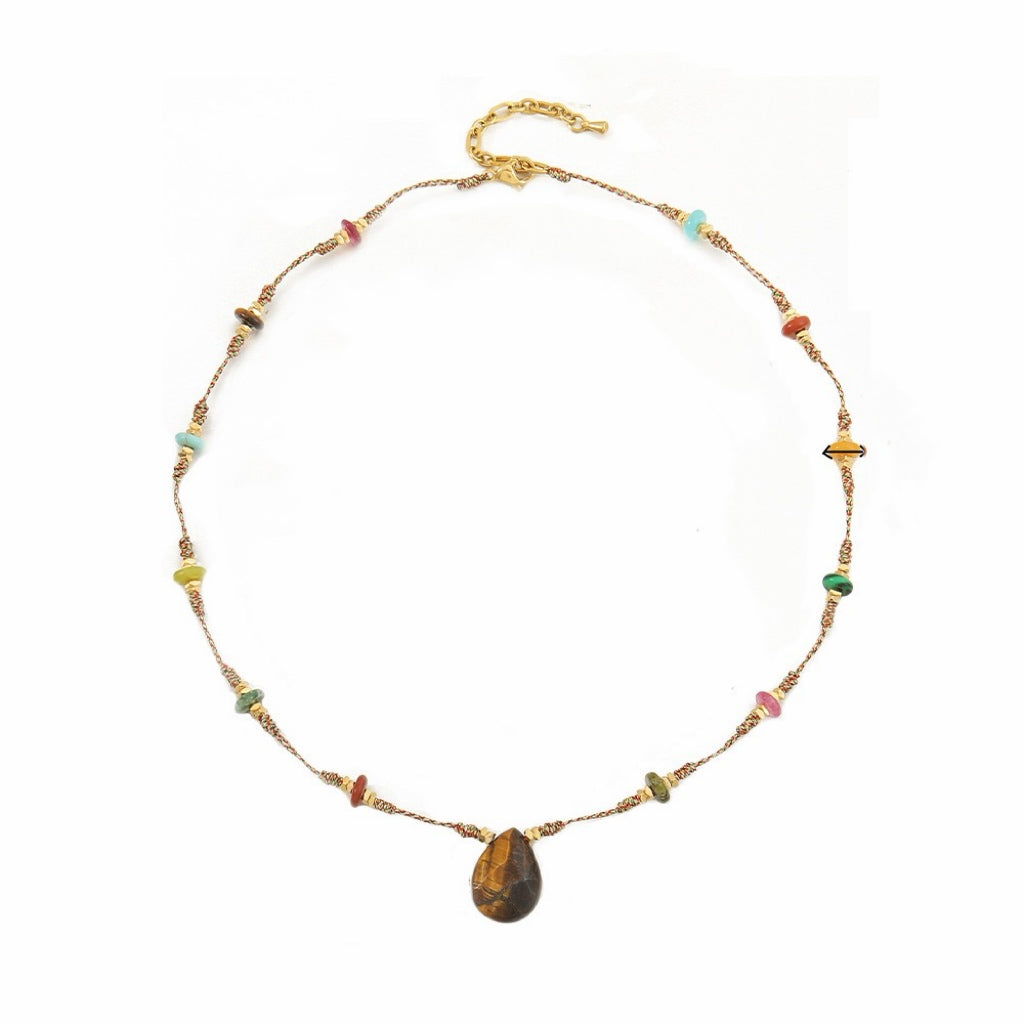 Natural Stone Necklace with Amber Teardrop Pendant - Vintage Colorful Gemstone