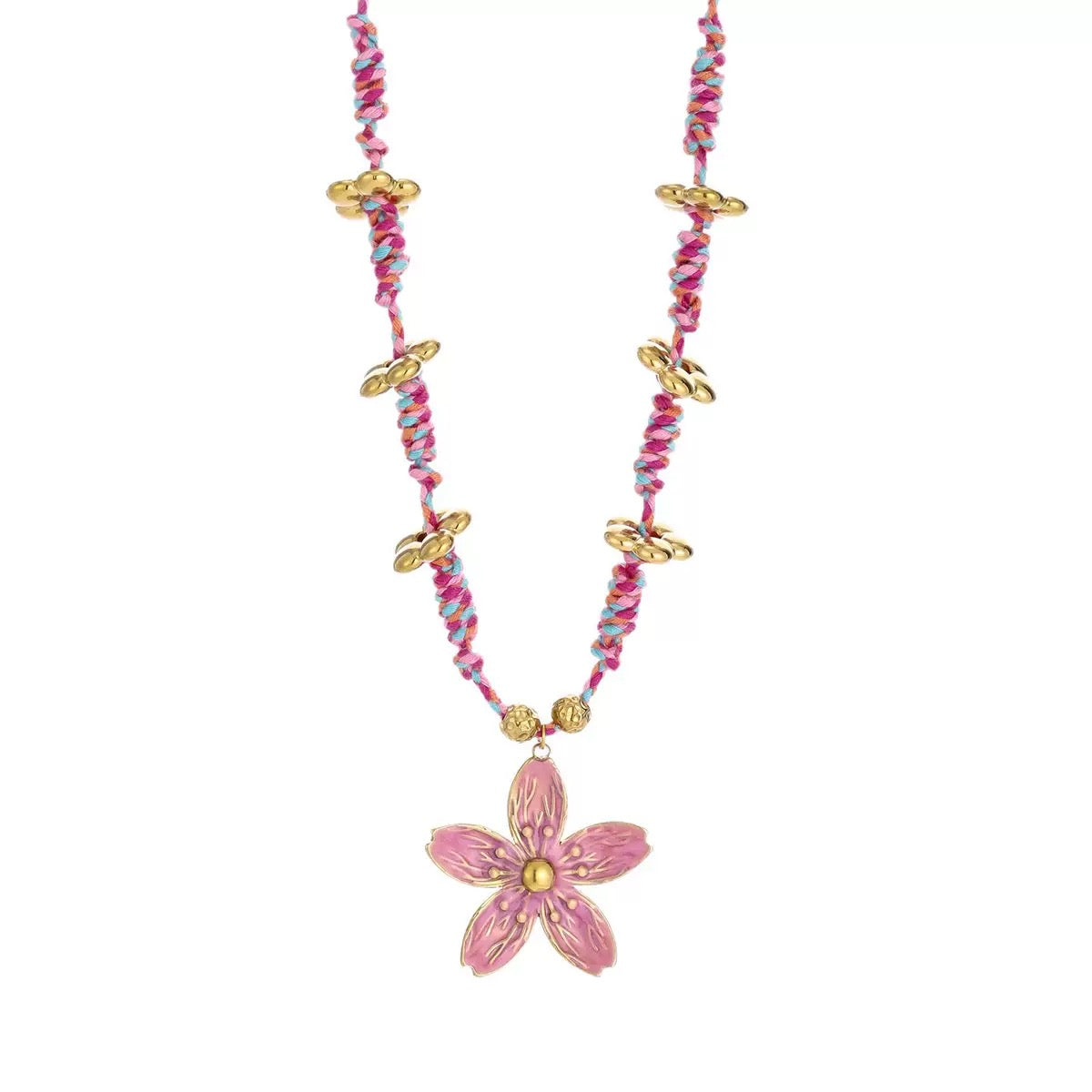 Pink Flower Pendant Necklace - Vacation Style Beaded Choker