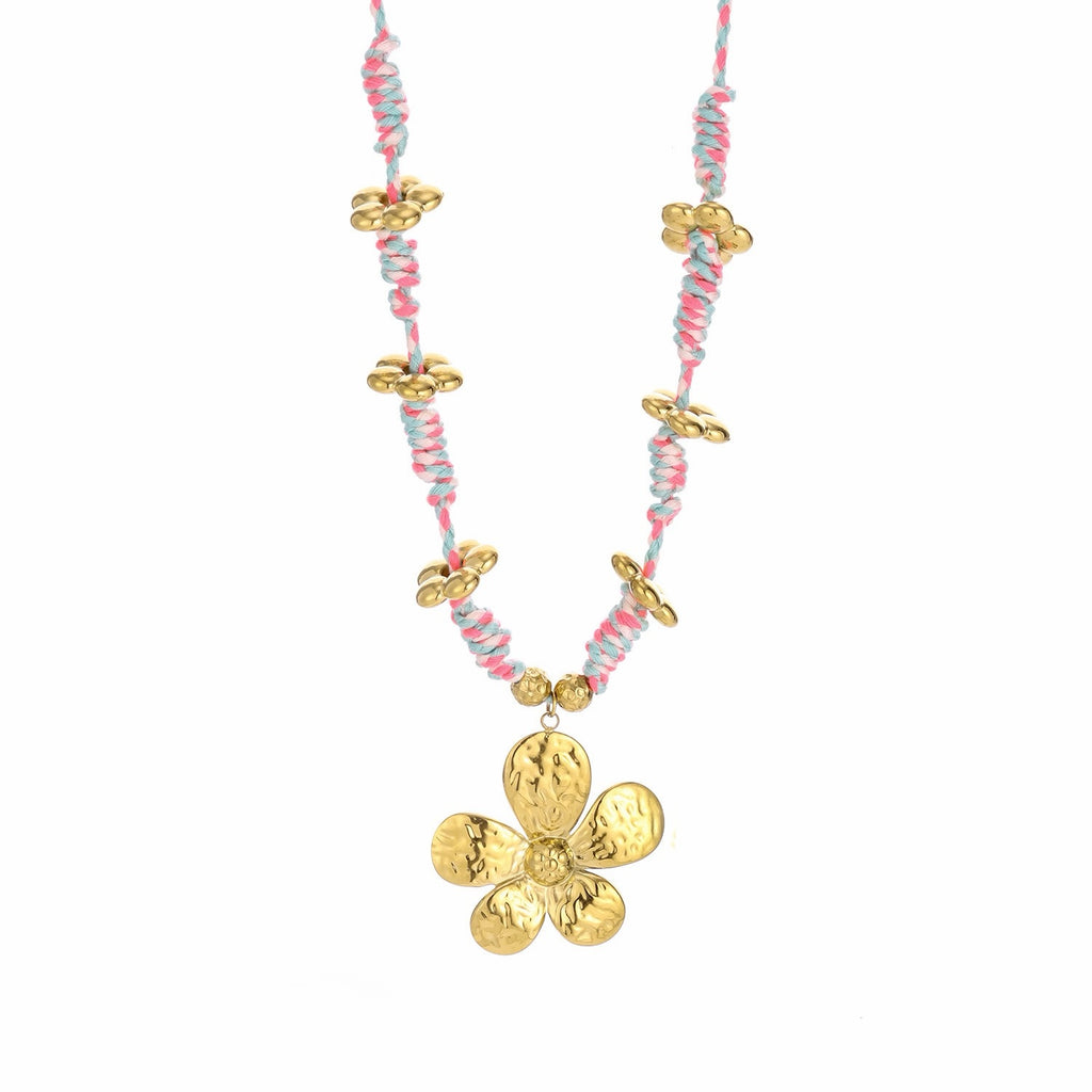 Beach Vacation Style Necklace with Gold Flower Pendant - Colorful Beaded Choker