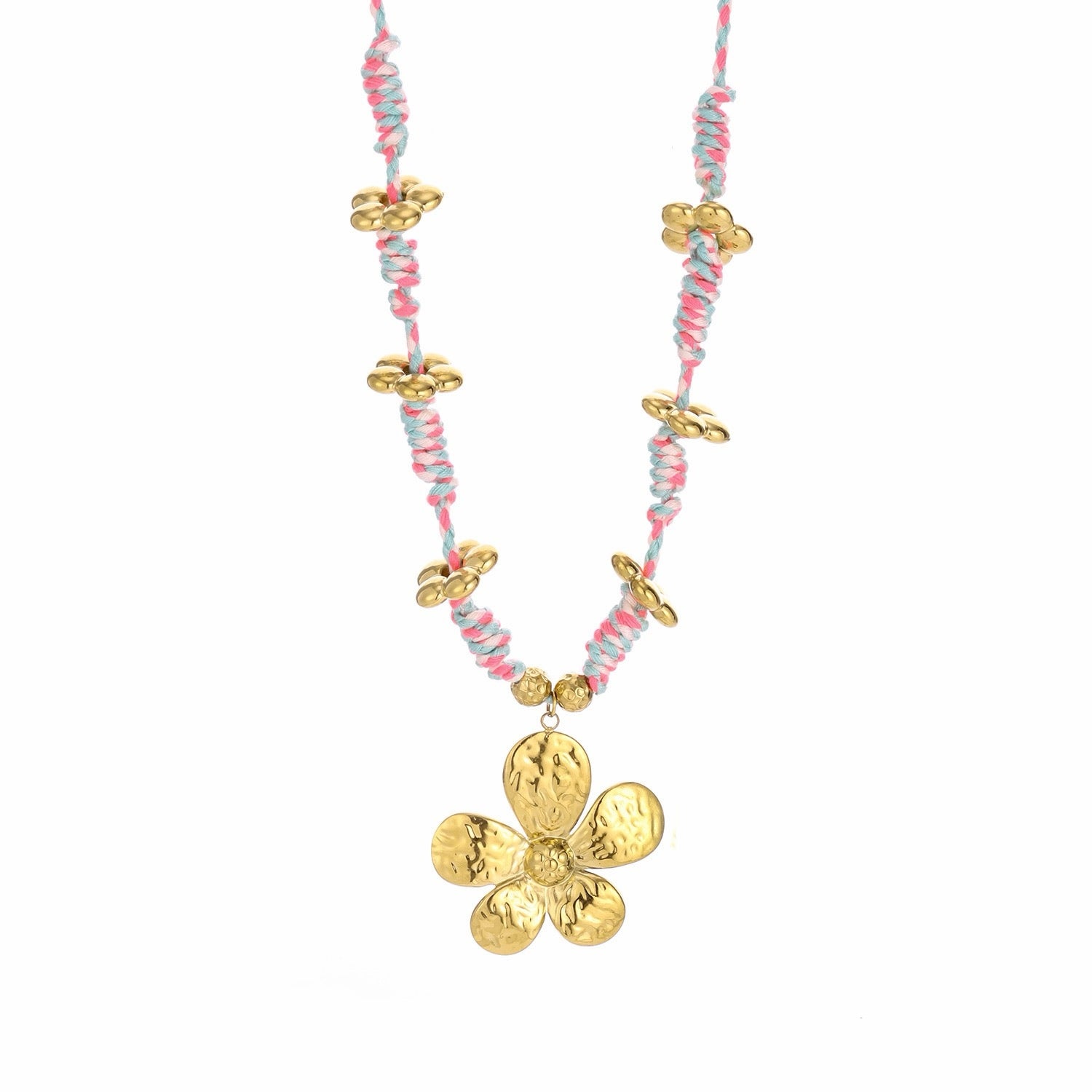 Beach Vacation Style Necklace with Gold Flower Pendant - Colorful Beaded Choker