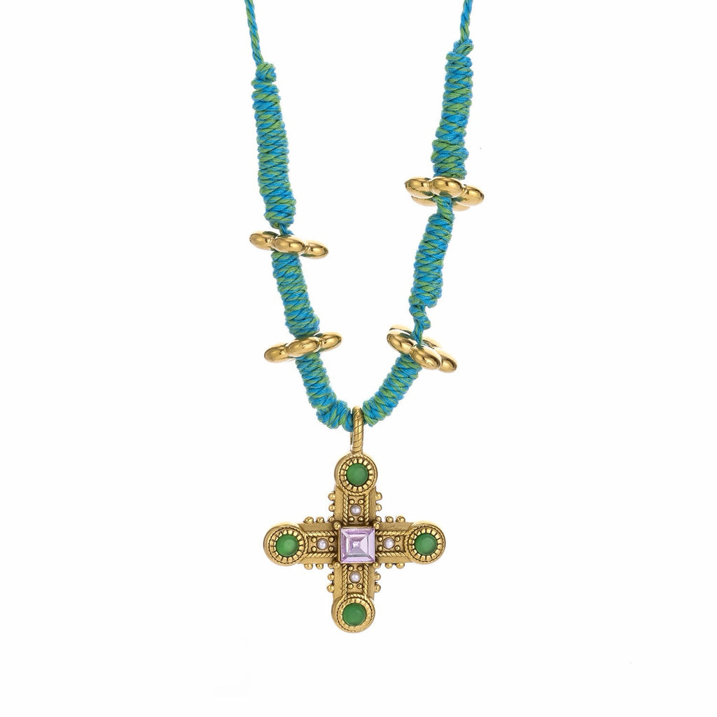 Beach Vacation Style Necklace with Green Gemstone Cross Pendant - Turquoise Rope