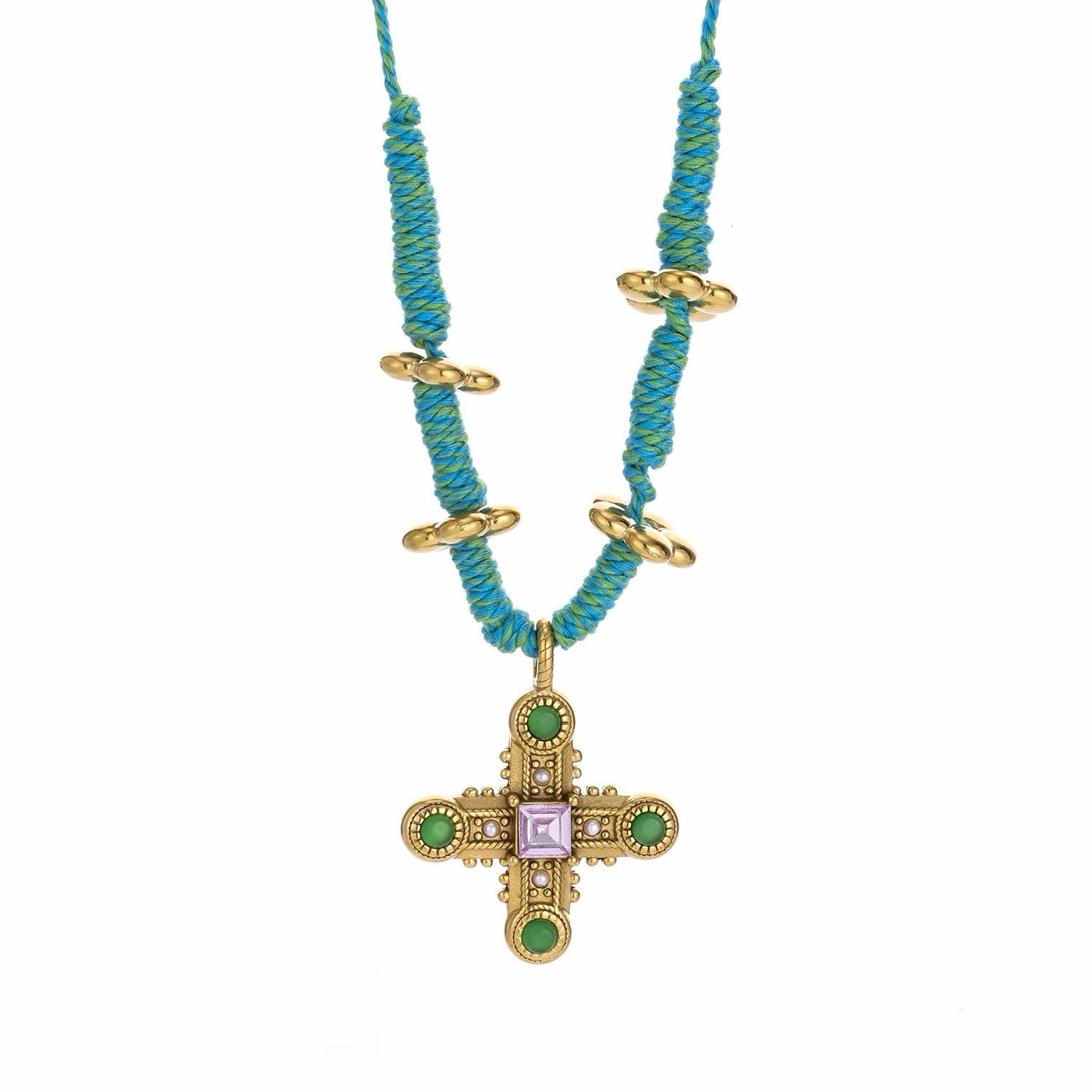 Beach Vacation Style Necklace with Green Gemstone Cross Pendant - Turquoise Rope