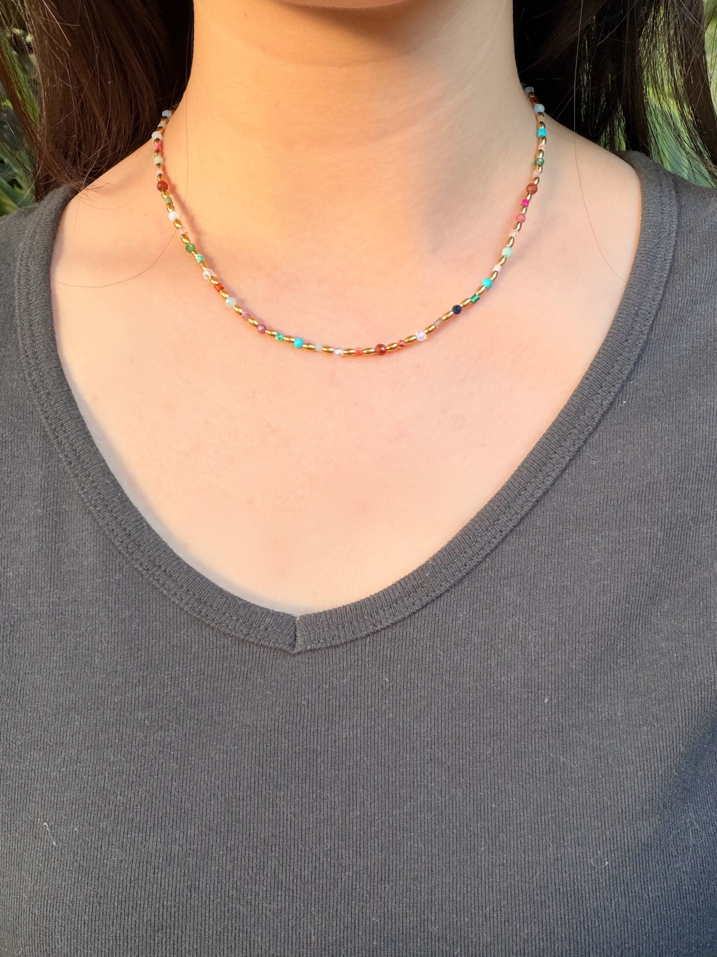Colorful Natural Stone Beaded Choker - Vintage Rainbow Gemstone Necklace
