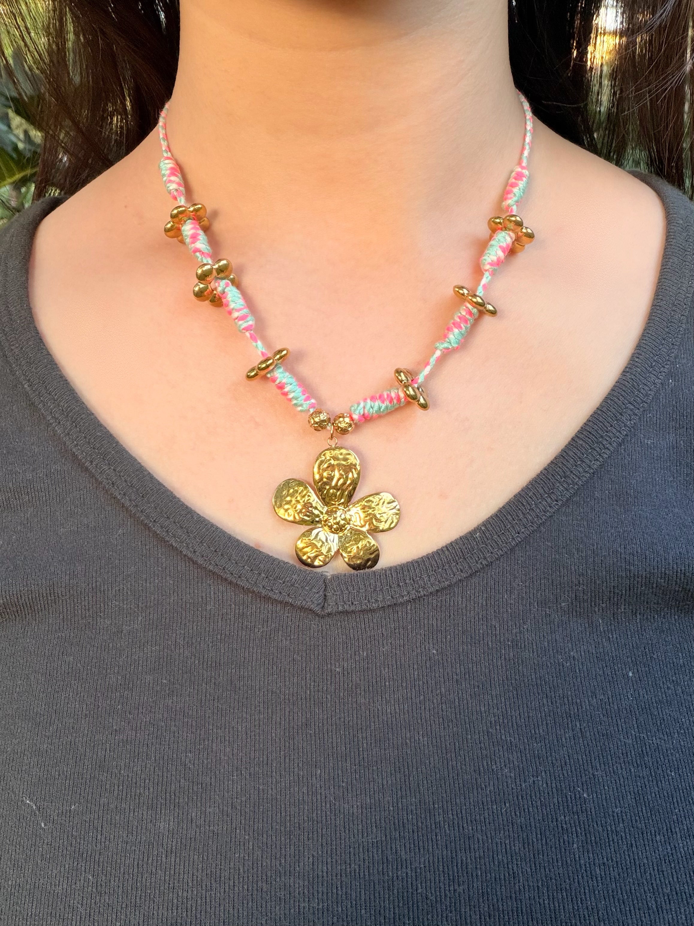 Beach Vacation Style Necklace with Gold Flower Pendant - Colorful Beaded Choker