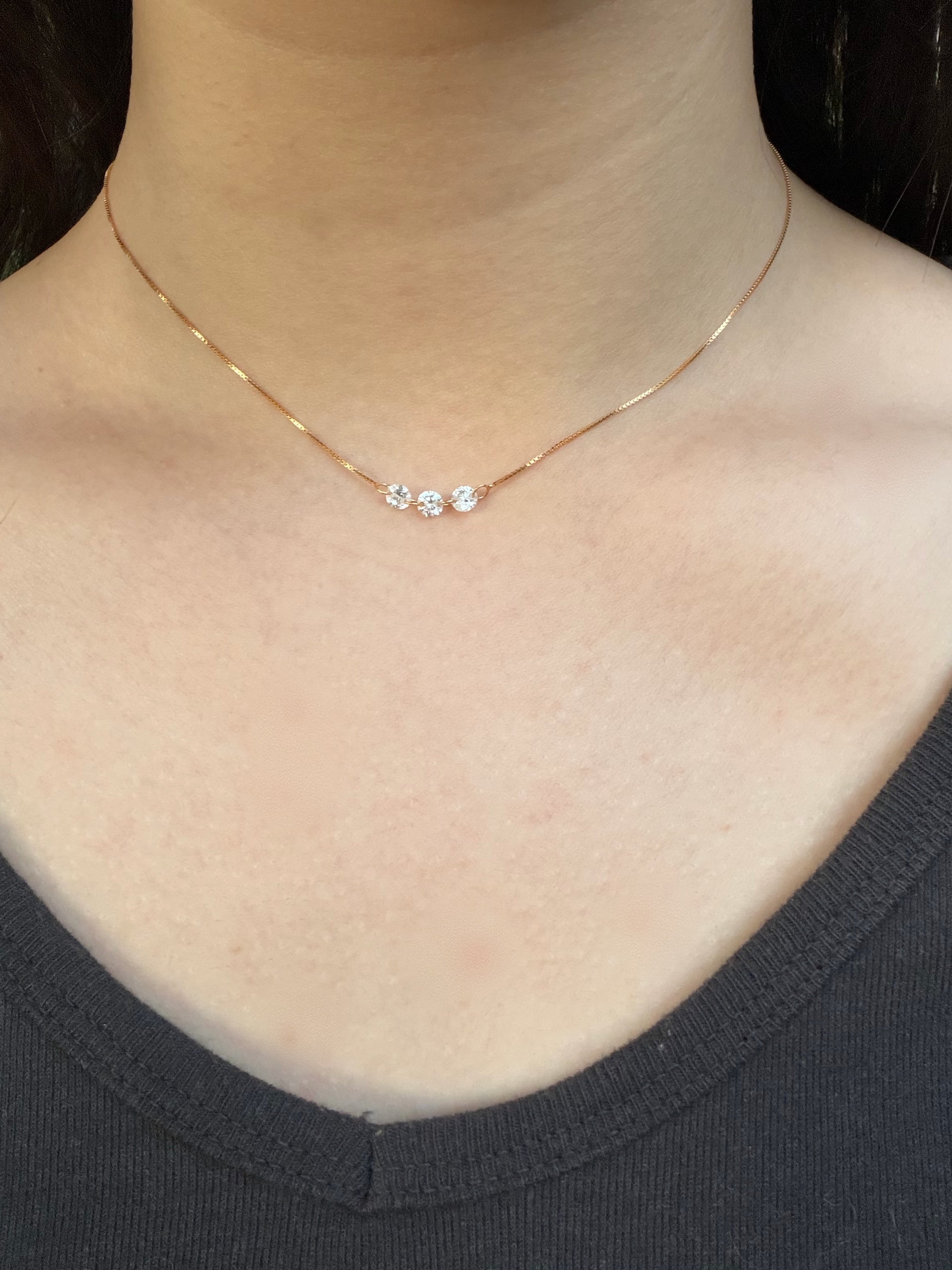Three Sparkling Diamond Necklace - 925 Sterling Silver Gold Choker